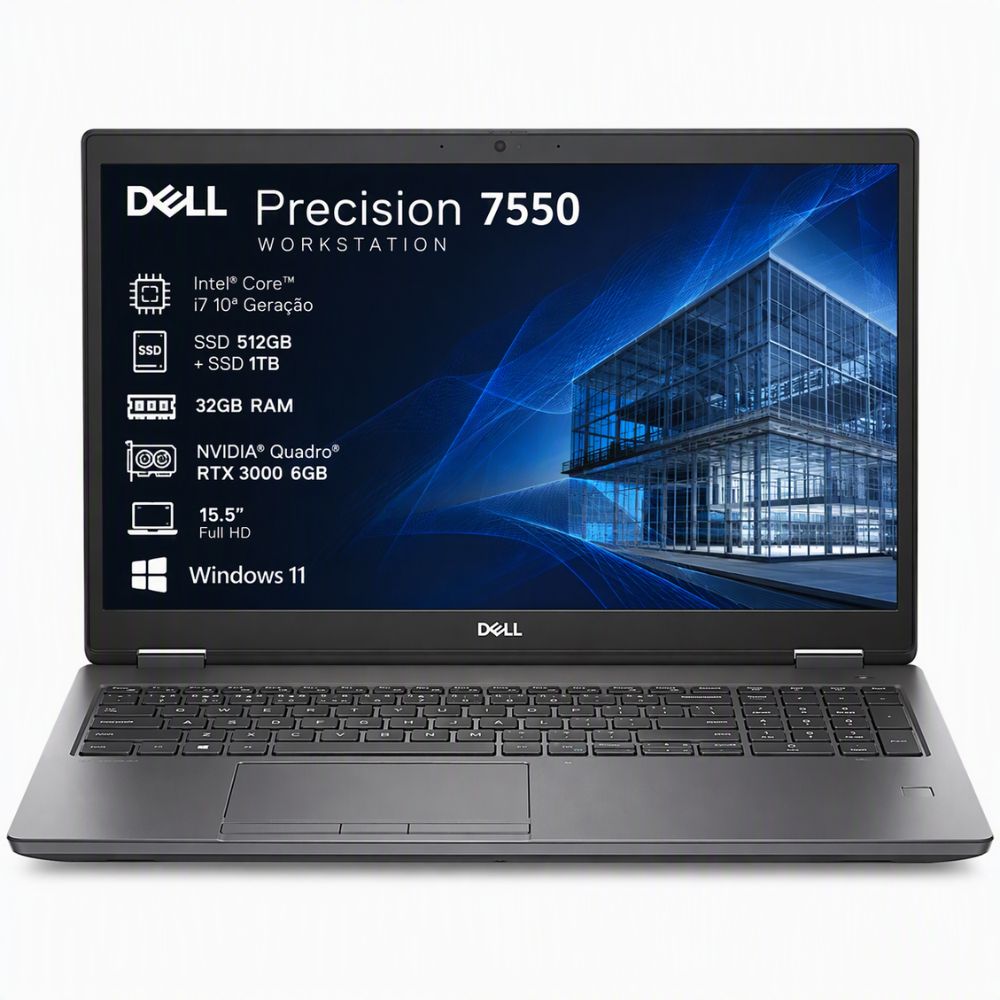 Notebook Dell Precision 7550 i7 10&ordf; G SSD 512GB + 1TB 32GB RAM Quadro RTX 3000 6GB 15,5" Win 11